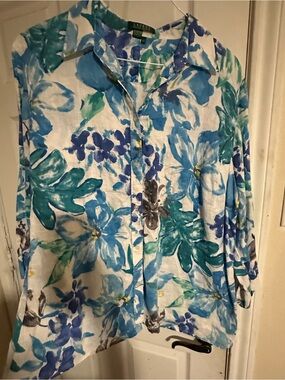 Lauren Ralph Lauren Blue Teal Floral Button-Down Shirt 3/4 length Sleeves. 2X